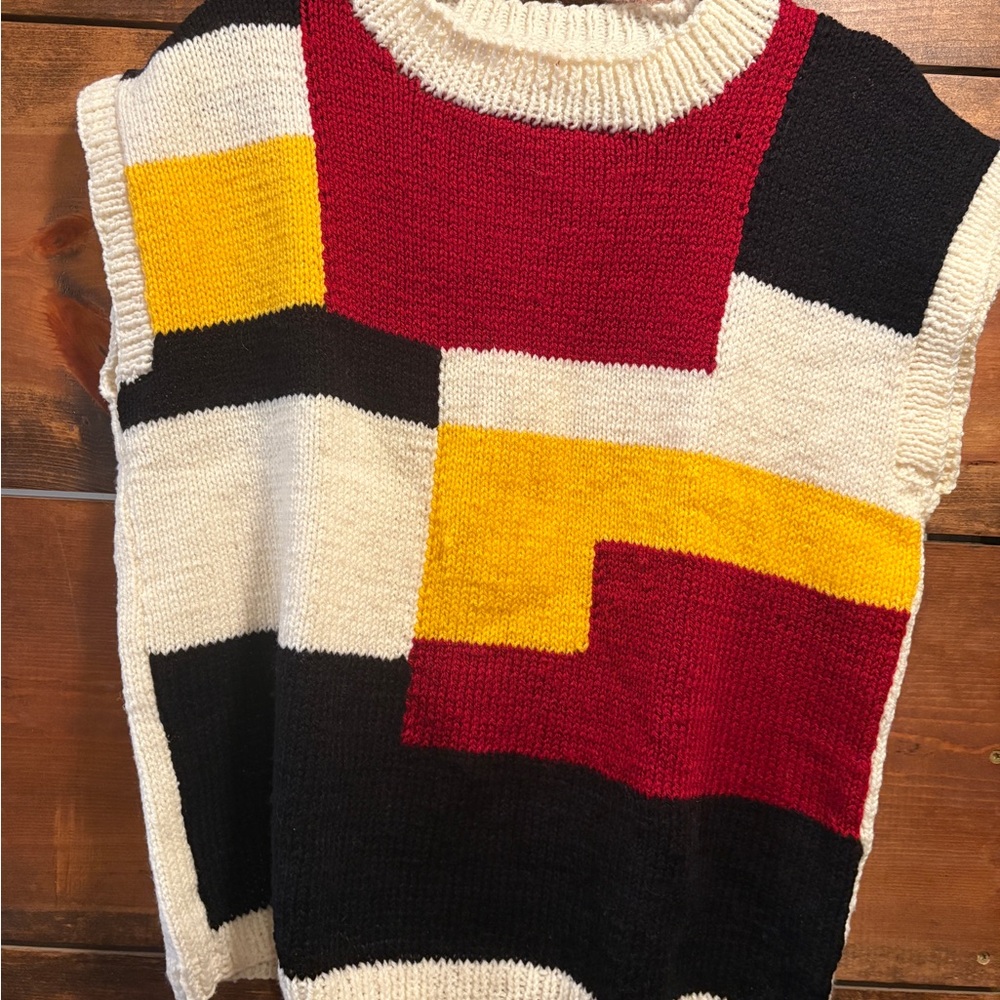 Handmade 70s Knit Sleeveless Sweater Vest in Red, Yellow, Black & Cream